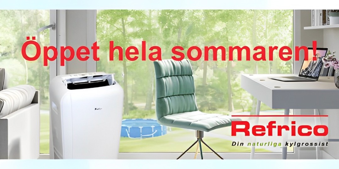 Ett kontorsrum med portabelkylaggregat, Refrico öppet i hela sommar